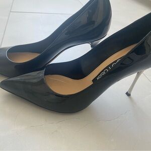 Sergio Rossi Black Patent Leather Pointed Toe Pumps with Silver Stiletto Heel